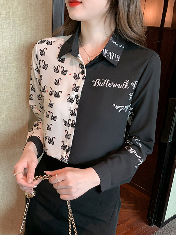 Camicetta da donna primavera manica lunga femminile nuova asimmetria temperamento camicia in Chiffon camicia stampata lettera cigno Camisas Mujer 2022