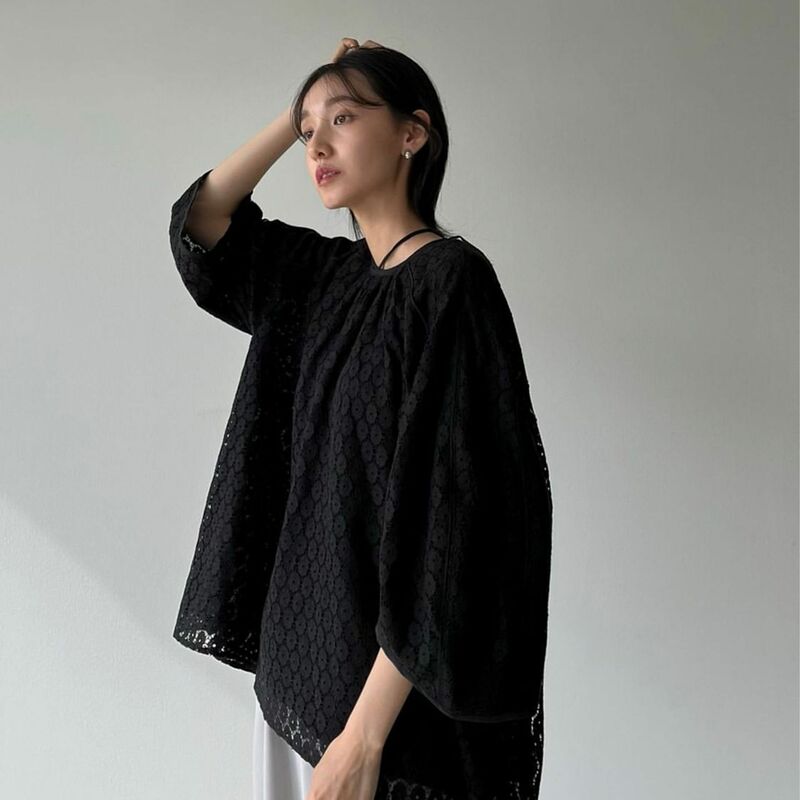 Lace Neck Seven Sleeve Blouse for Clane 2022 Summer New Women Loose Crochet Hollow Chiffon Round Neck Tops Free Shipping