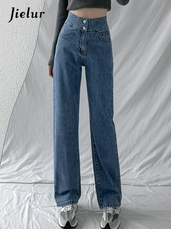 Jielur Casual Mode Gerade Bein Frauen Jeans Denim Bottom Y2K Harajuku Freund Lange Hohe Taille Baggy Jean Herbst Hosen Blau