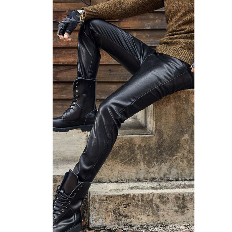 Брюки мужские из искусственной кожи, мотоциклетные приталенные штаны в стиле Хай-стрит, танцевальные Клубные брюки в стиле Харадзюку, в стиле панк