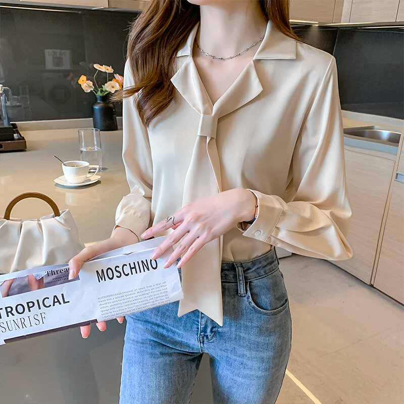 Notched Women Shirt Solid Champagne Long Sleeve Free Shipping Clothes for Women Patchwork Buttons Up Ladies Tops Elegant top