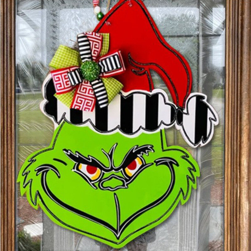 Grinch-guirnalda colgante de madera creativa para decoración navideña, señal de bienvenida para puerta del hogar, novedad