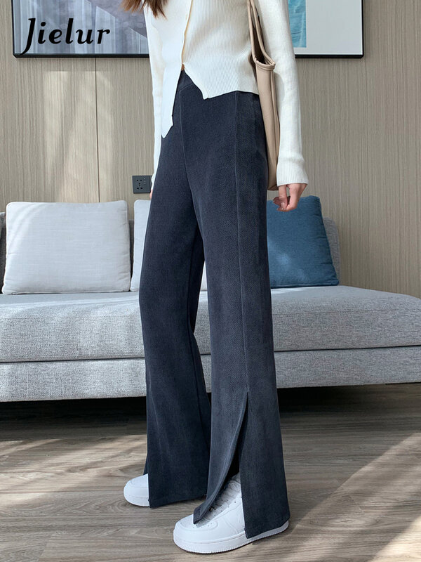 Jielur alta rua coreano dividir flare calças femininas de cintura alta outono simples senhora cinza preto marrom veludo calças XS-XL