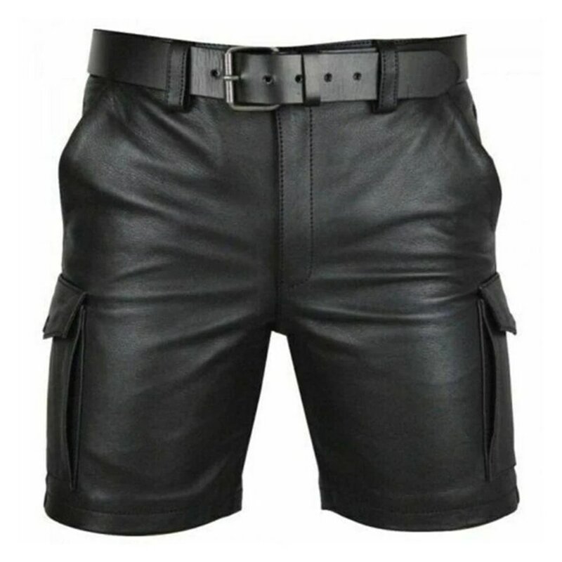 Luxury New European and American Men's Pure Color Pu Casual Hip-hop Tight Pencil Pants Nightclub Trend Punk Motorcycle Shorts
