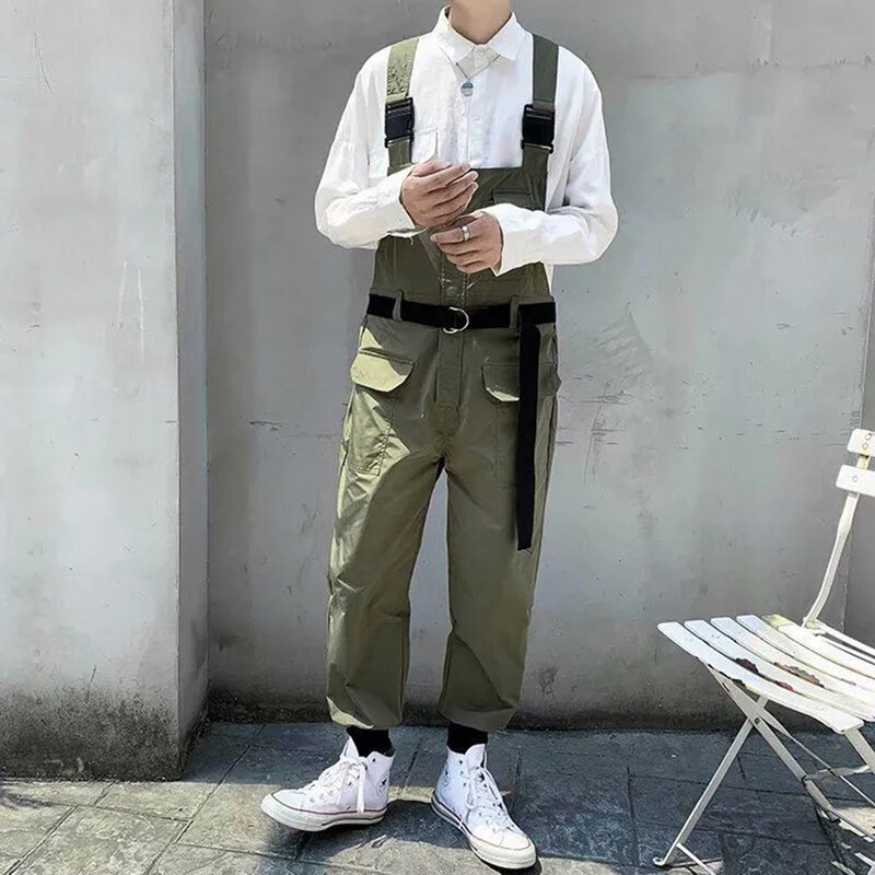 Men Rompers Casual Overalls Jumpsuits Patchwork Streetwear Multi Pockets Loose Cargo Japanese Style Harajuku