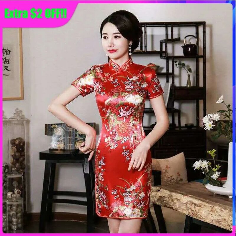 Vestido corto chino de dama de honor, vestido de novia con estampado rojo, Qipao, Pao Qi, Negro, Rosa, blanco y azul