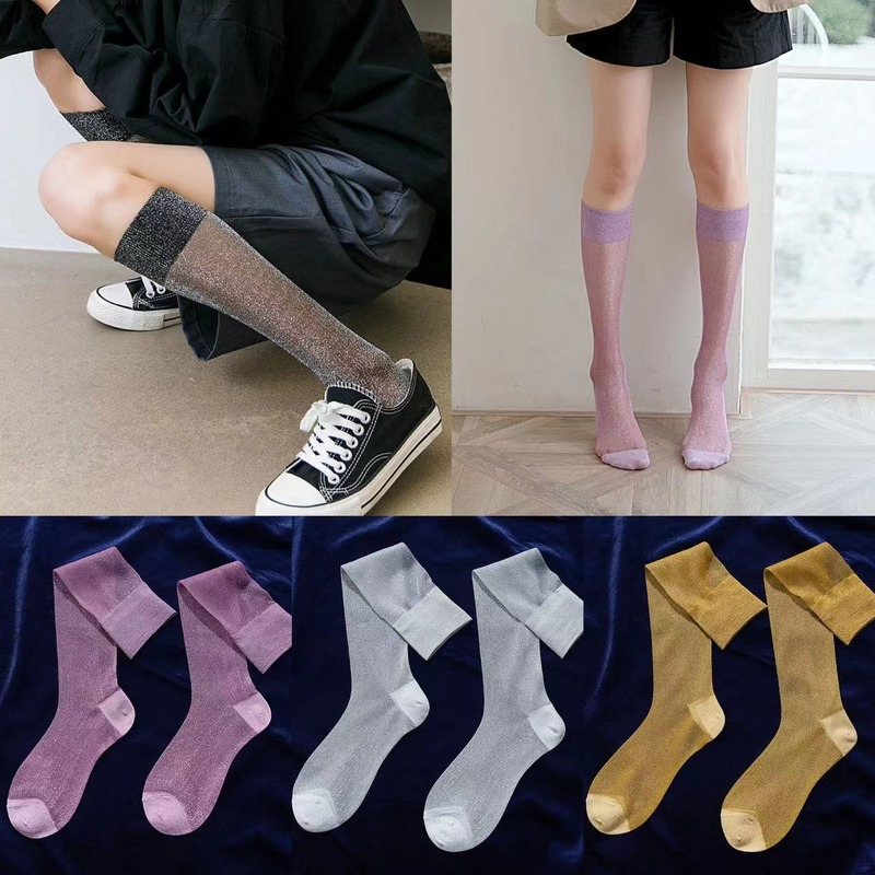 Calf Socks Women's Ultra-thin Crystal Stockings Japanese Gold and Silver Silk Solid Color Fashion Women's Lolita Sexy Stockings