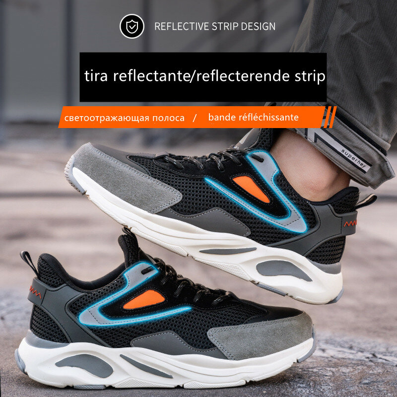Sapatas de segurança do esporte masculino botas de trabalho do dedo do pé de aço reflexivo tira sapatos de proteção anti-punção indestrutível tênis de trabalho
