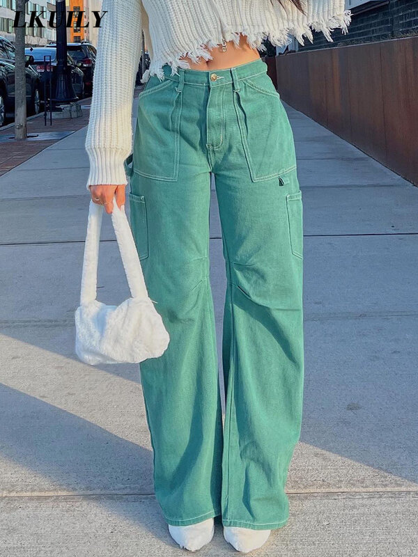 Casual calças de brim feminino y2k streetwear bolso em linha reta calças 2022 baggy moda famale roupas cintura baixa estética sólida