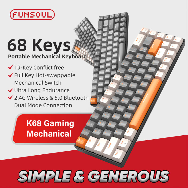 Игровая механическая клавиатура K68, Беспроводная Bluetooth клавиатура 2,4 ГГц, игровая клавиатура с клавишами