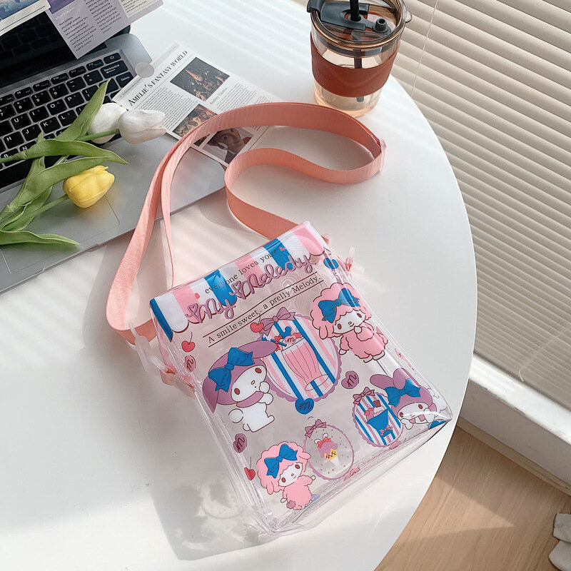 Sario Pvc torby na ramię Kawaii Anime Crossbody Tote Mymelody Cinnamorol śliczne wodoodporne torby przezroczyste plecaki dla dziewczynki