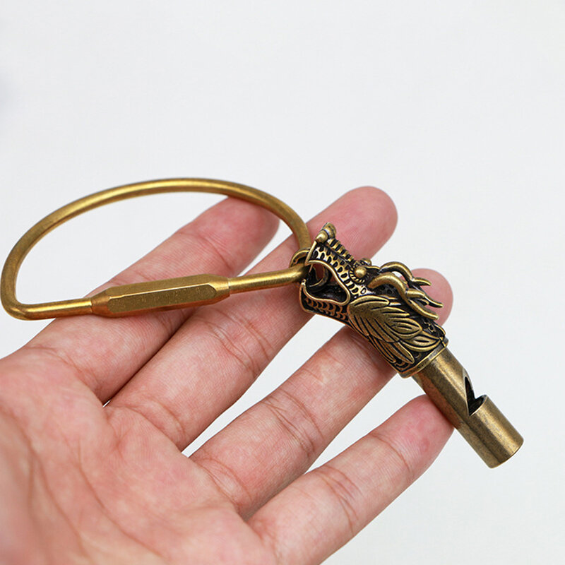 Apito de bronze feito à mão do vintage cor dragão cabeça carro chaveiro para homens mulheres sobrevivência ao ar livre apito colar chaveiro