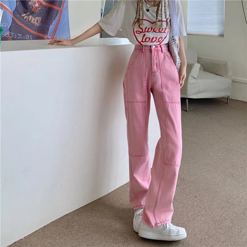 Różowe workowate dżinsy kobieta wysokiej talii szerokie nogawki Denim spodnie Streetwear szykowny Design panie Vintage proste spodnie dżinsowe damskie