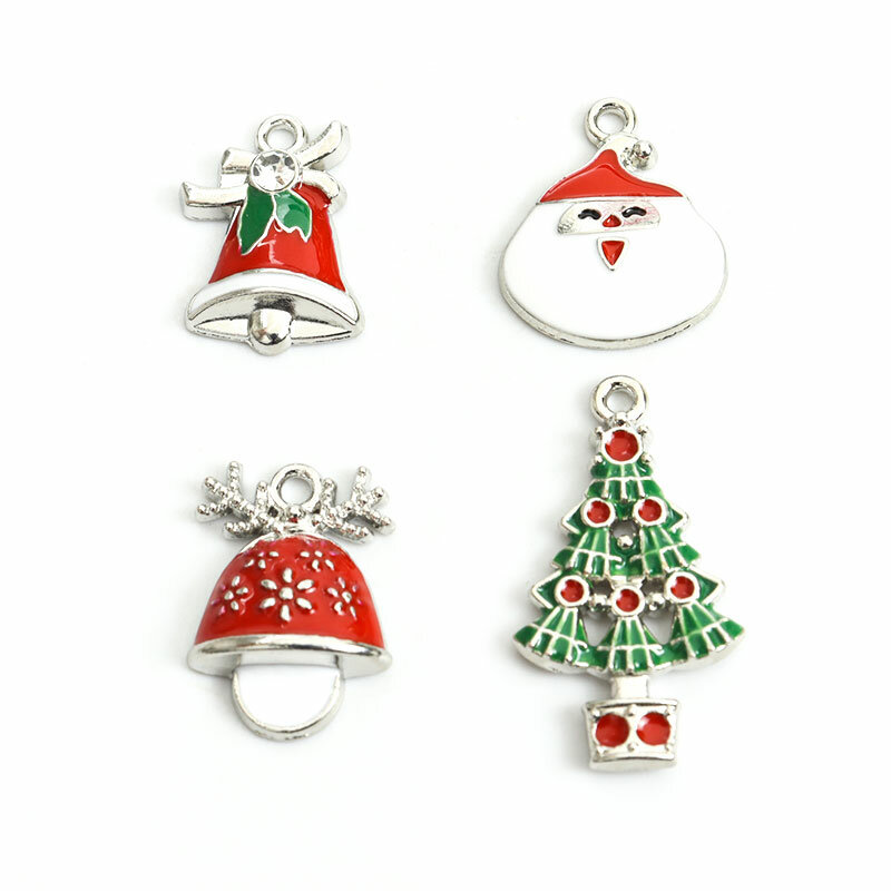 10pcs Enamel Christmas Tree Santa Claus Charms Christmas Elk Bells Alloys Pendants DIY Making Necklace Xmas Charms Decor Jewelry