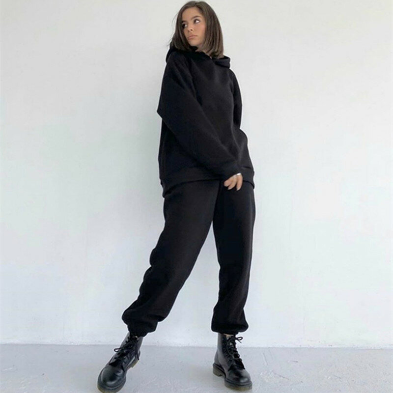 2 Piece Set Women Spring Autumn Tracksuit Solid Hooded Sweatshirt Top And Wide Leg Pants Suits Loose Casual Fashion Sportswear