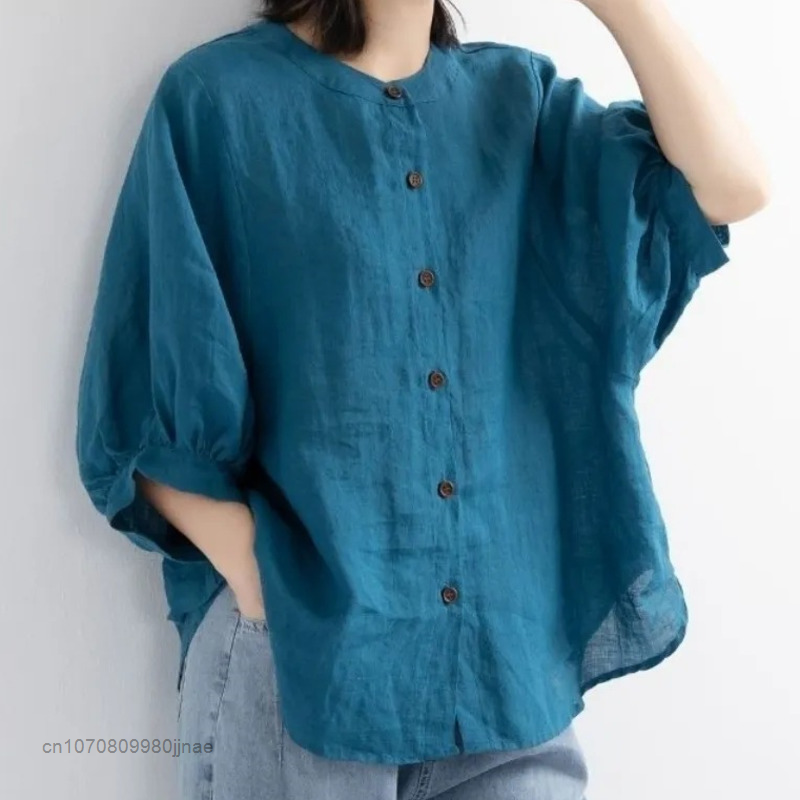 Camicia di lino di cotone estate 2022 camicia da donna manica letteraria Top sciolto sottile manica media camicia grande vestiti moda Top bottone