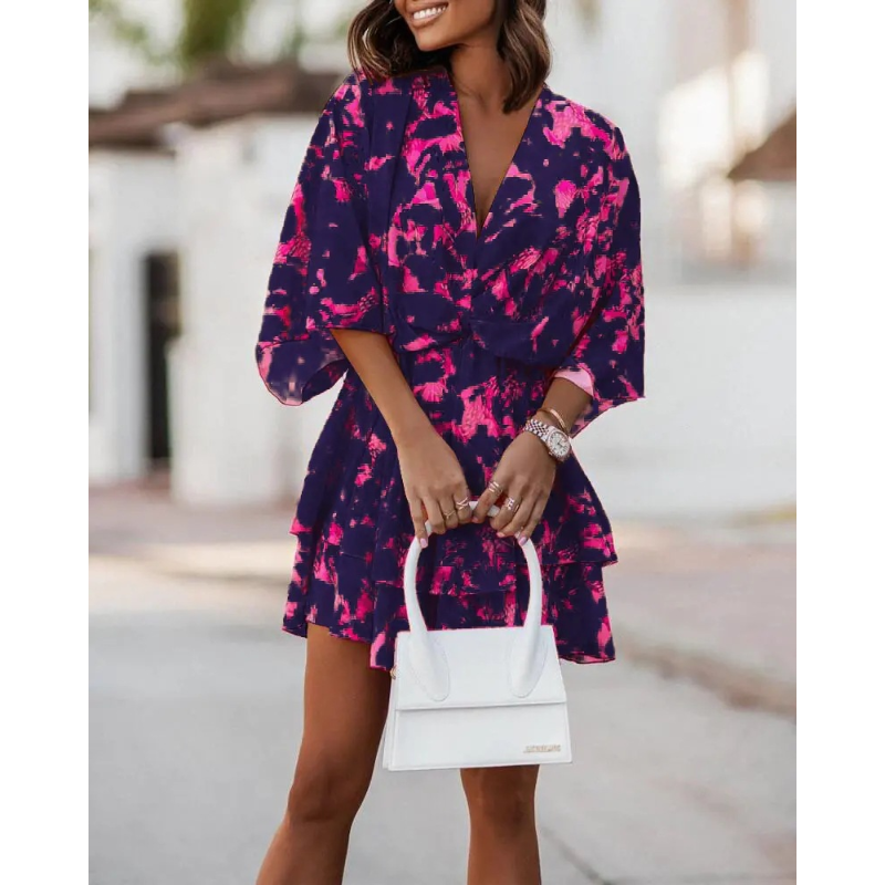 Women Elastic Waist Batwing Sleeve Mini Dresses Summer Casual Floral Print V Neck Dresses Female Sexy Tierred Beach Party Dress