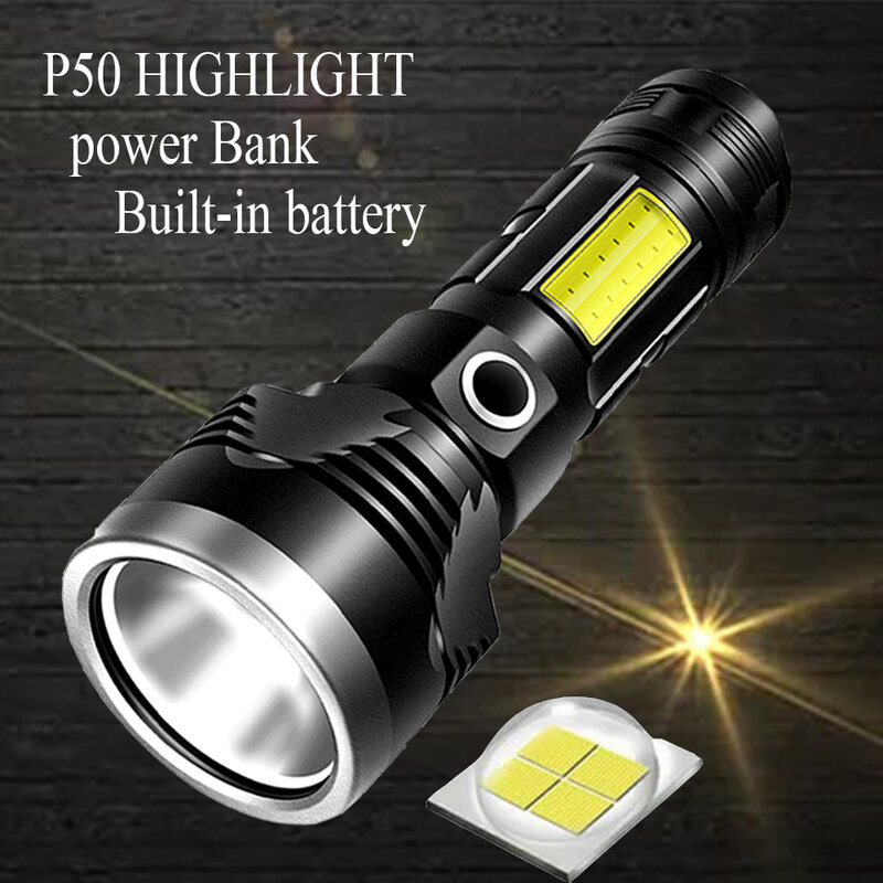 Super ไฟฉาย LED ที่มีประสิทธิภาพ XHP50 + Cob ไฟฉาย USB ชาร์จ Linterna Power Bank Ultra Bright โคมไฟ Camping