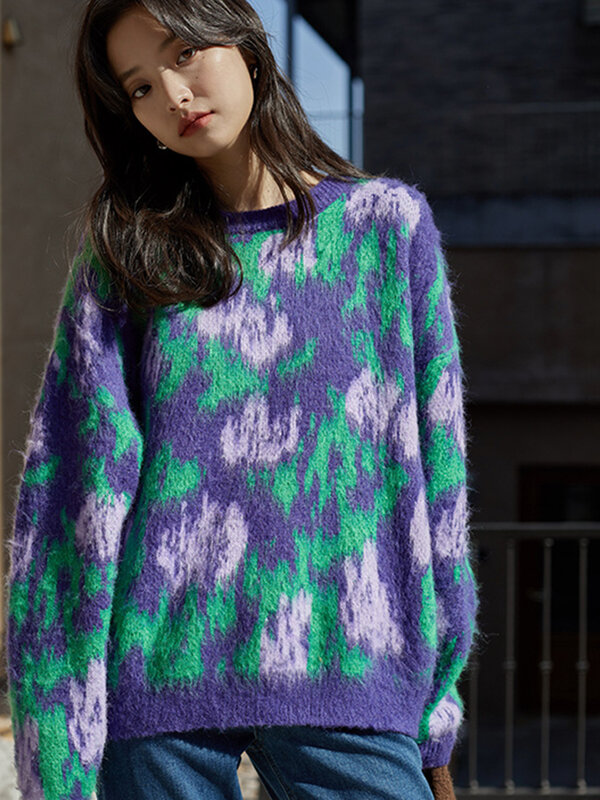 Женский пуловер контрастных цветов, Трикотажный Свитер оверсайз контрастных цветов с винтажным принтом и круглым вырезом, трикотажная оде...