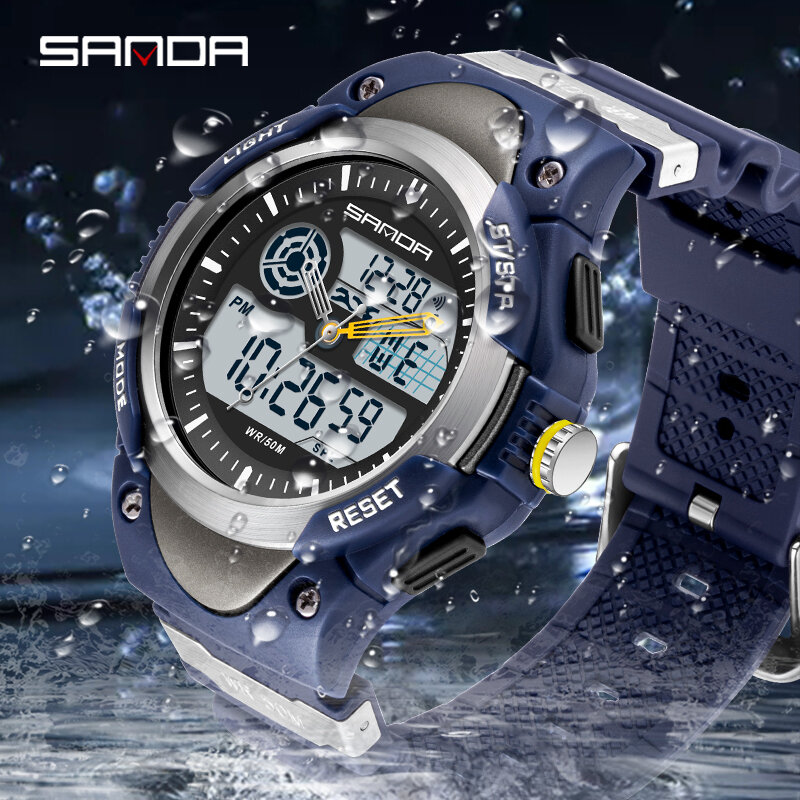 SANDA-Pulsera deportiva para hombres, reloj de lujo masculino resistente al agua, de doble pantalla y estilo militar