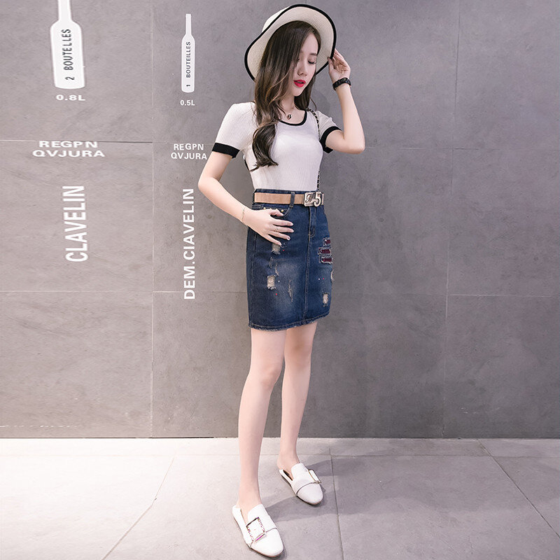 Rok Denim Pendek Bordir Robek-robek Lubang Musim Panas Rok Jeans Pendek Ramping Gaya Korea Pinggang Tinggi Wanita Ukuran Besar Streetwear Wanita