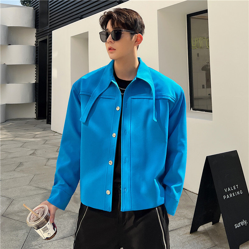 Casaco curto para homens retro em forma de decorar colarinho designer casacos casuais nicho azul estilo coreano outono fino juventude homem roupas