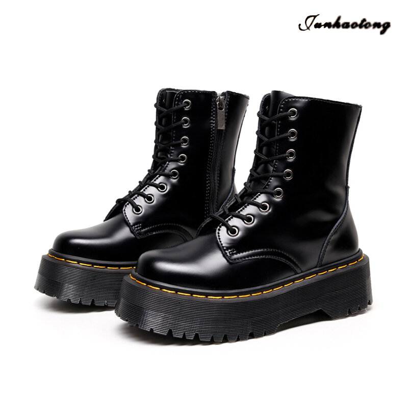 Platform Martin Boots Women Shoes 2022 New Black Leather Ankle Boots Women Punk Shoes Thick Bottom Motorcycle Boots De Mujer