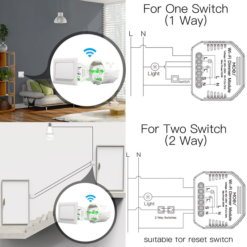 MoesHouse fai da te Smart WiFi Light LED Dimmer interruttore a 1/2 vie Smart Life/Tuya APP telecomando, funziona con Alexa Echo Google Home