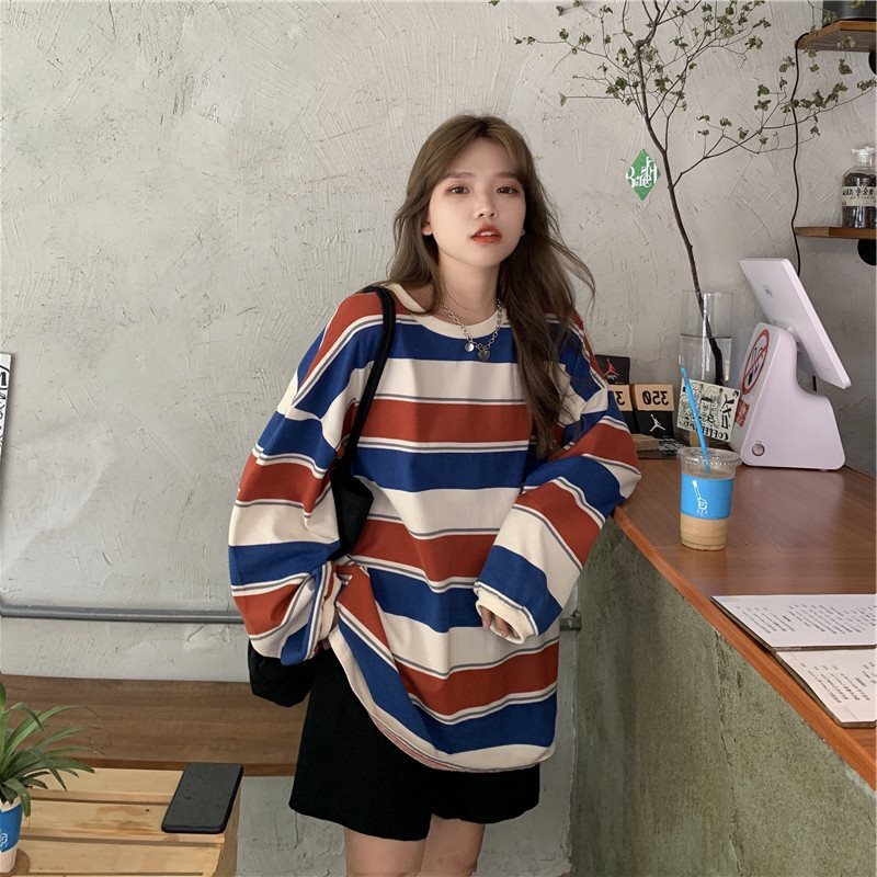 Spring Autumn Striped Ladies Pullover Cotton Blend Women's Fashion Long Sleeve Sweatshirts Casual Shirts Tops For Women M-2XL