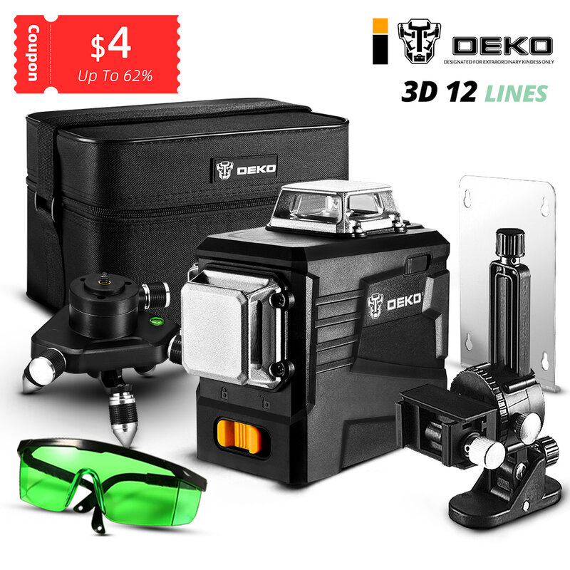 DEKO-Niveau laser 12 lignes 3D DKLL12PB1, lignes transversales vertes horizontales et verticales avec auto-abaissement, sortie d'usine