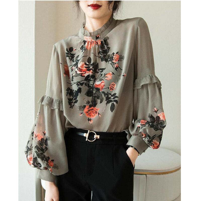 Женская Свободная блузка с цветочным принтом и рукавами-фонариками