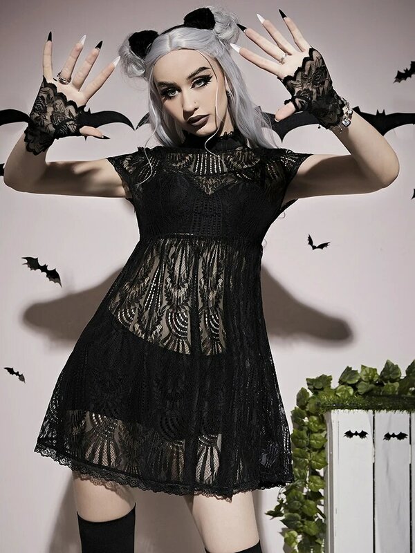Goth laço escuro ver através sexy shopping gótico vestidos femininos grunge a linha preto mock neck mini vestido punk festa de verão alt roupas