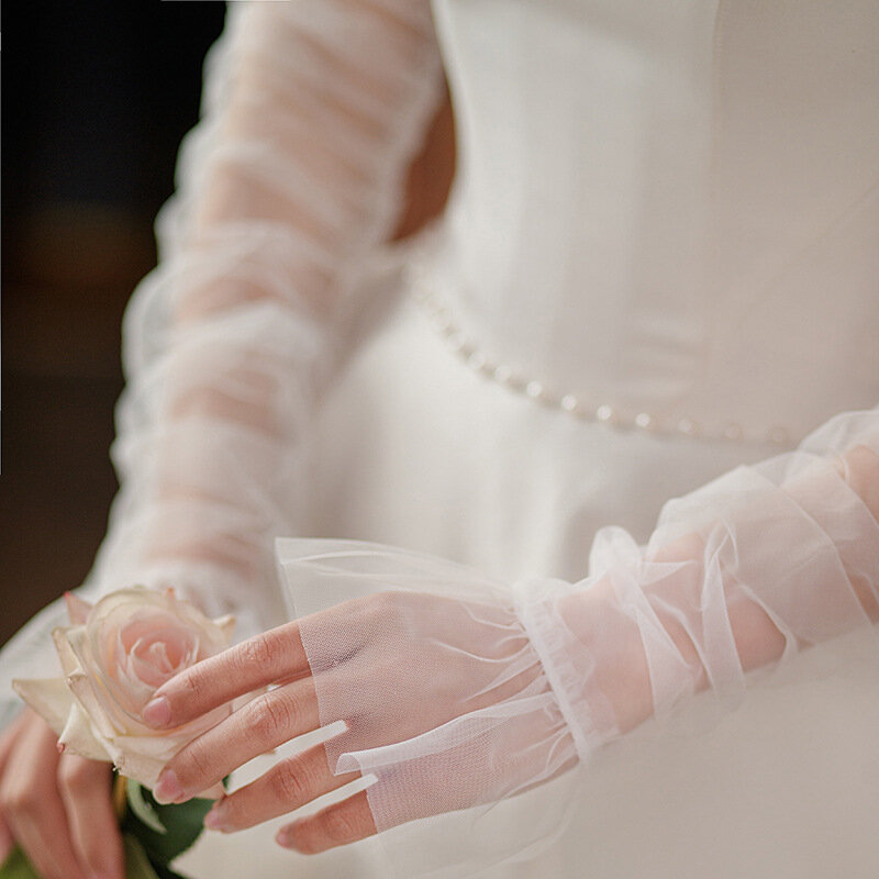 Sarung tangan kain Tule tipis panjang, sarung tangan pesta tanpa jari, sarung tangan malam jaring, sarung tangan pengantin putih, sarung tangan pernikahan, aksesori pesta