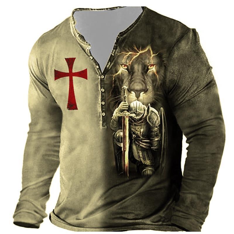 Templar Vintage ผู้ชายผ้าฝ้ายเสื้อยืด3D พิมพ์ Henry เสื้อยืด V คอยาวลำลองเสื้อ Punk ปุ่ม Streetwear 5xl