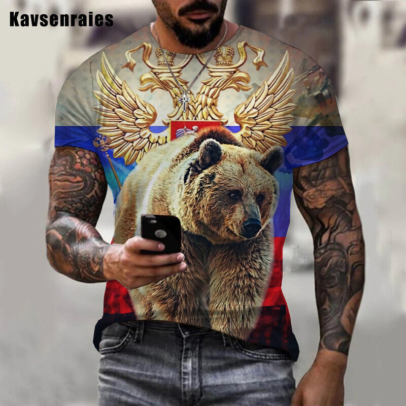 2022 rússia urso camiseta bandeira russa tshirt das mulheres dos homens verão moda casual manga curta harajuku streetwear topos de grandes dimensões