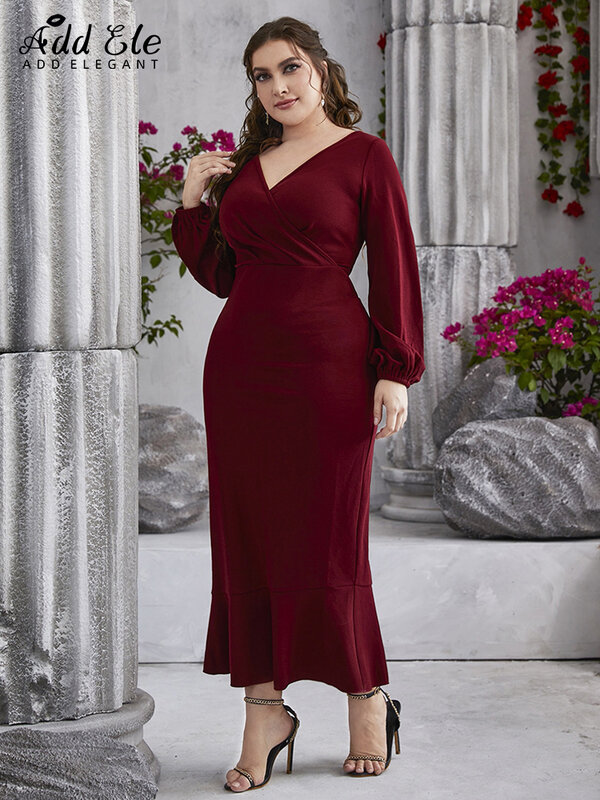 우아한 추가 플러스 사이즈 연필 Bodycon 드레스 여성 2022 가을 v 넥 하이 웨이스트 롱 랜턴 슬리브 웨이브 하단 의류 B516
