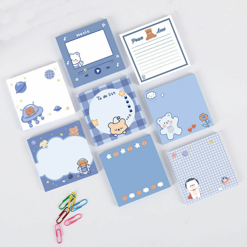 Korean Ins Wind Cute Cartoon Blue Bear Sticky Notes Students Forget Memo Pads Word Office TagStationery Message School Supplies