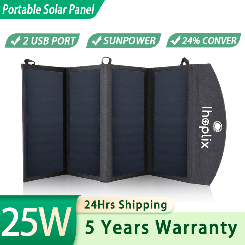 IHOLPIX 25W Pannelli solari 5V2A Pannello solare portatile per la casa Kit completo Doppia uscita USB per banca di energia, campeggio, viaggi, telefono