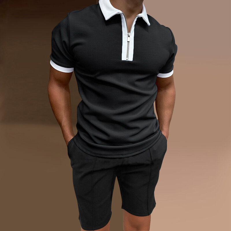 Mannen Trainingspak Effen Kleur Korte Mouwen Rits Polo Shirt & Shorts Set Voor Mannen Casual Streetwear 2 Stuk Pak zomer Oversized