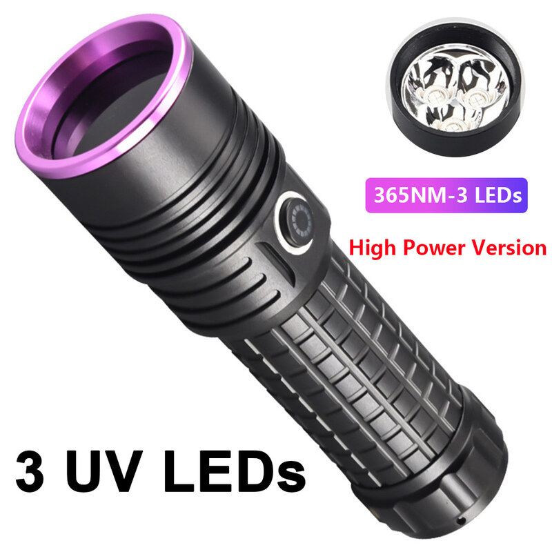 Poderosa 365nm uv lanterna espelho preto roxo luz fluorescente de detecção poluição do óleo tocha recarregável 26650 lanterna