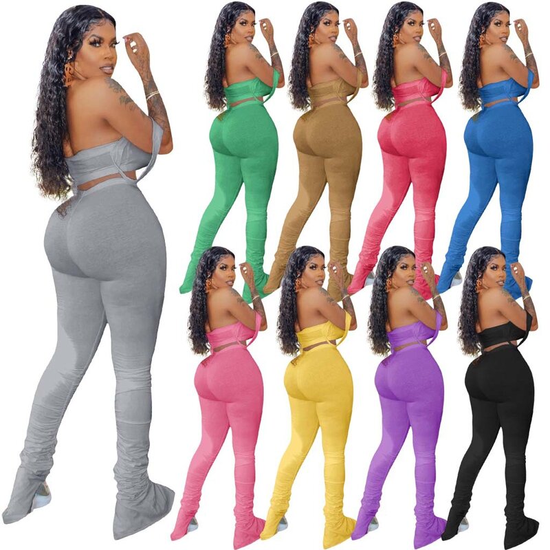 Sexy 2 Piece Set Women Stacked Pants And Crop Top Summer Clothes Solid Matching Sets Female Outfits Tracksuit
