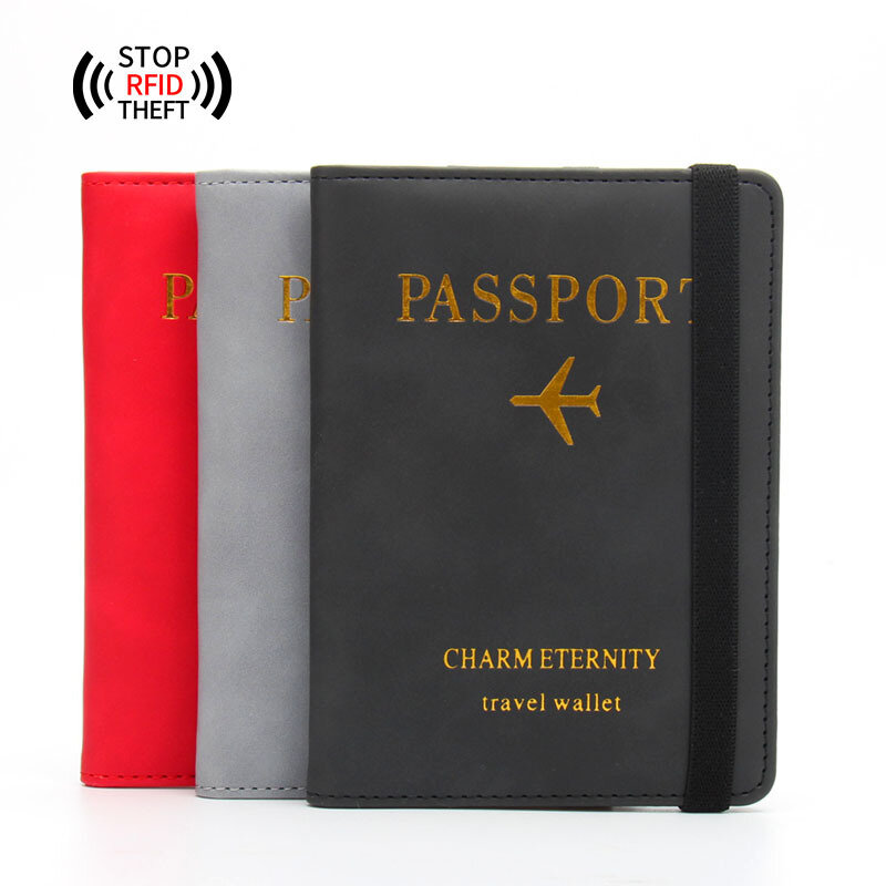 Rfid anti-magnético passaporte titular livro inglês bronzeamento bilhete clipe multi-cartão elástico banda capa de passaporte de couro do plutônio