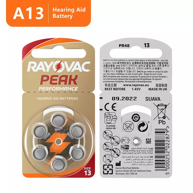 60 PCS NEW Zinc Air 1.45V Rayovac Peak Hearing Aid Batteries A13 13A 13 P13 PR48 Hearing Aid Battery For hearing aids