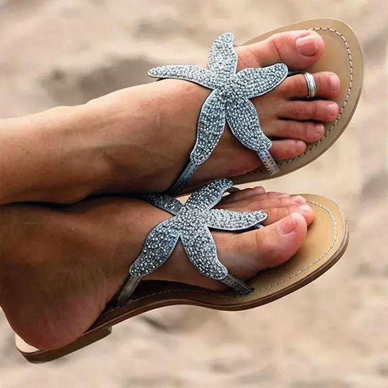 Sandal Jepit Kristal Bintang Laut Sandal Jepit Datar Santai Wanita Sandal Pantai Ujung Klip Wanita Sepatu Antiselip Pakaian Wanita