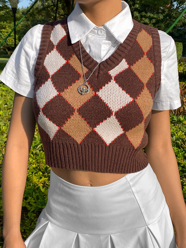 HEYounGIRL Brown Argyle Vintage Cropped Sweater Vest Autumn Sleeveless Knit Pullover Preppy Style Casual Plaid Knitwear Y2K