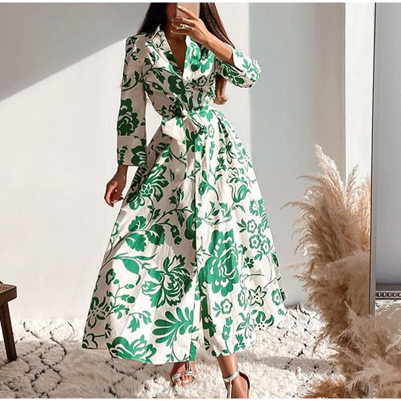 Fashion Floral Printing   2022 Spring and Autumn  Lapel Seven Points Sleeve Casual Chic Loose Female Clothing Robe Dresses