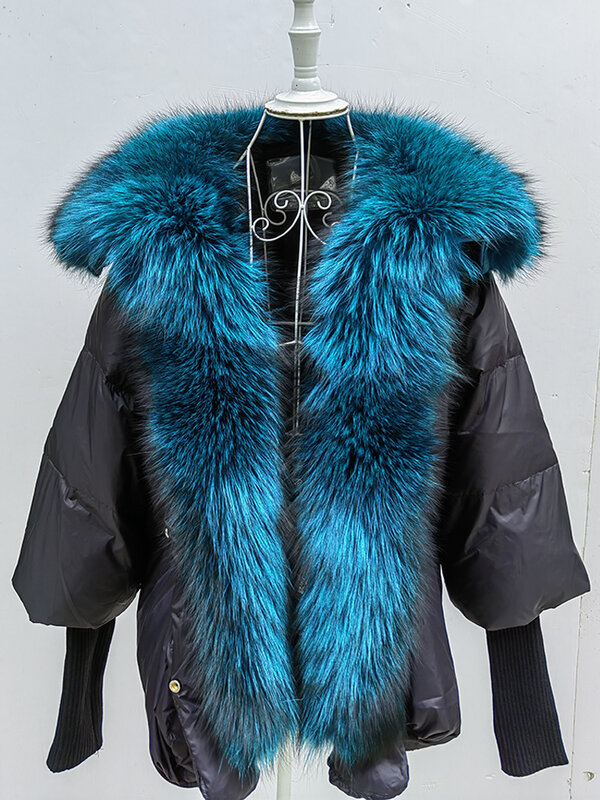 Abrigo cálido de gran tamaño para mujer, chaqueta gruesa de lujo con cuello de piel de zorro Real, 2023