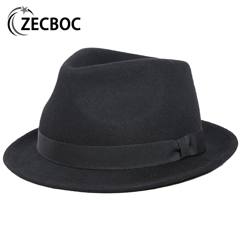 100% chapéu de lã fedora para homem com faixa de fita feminino feltro chapéu de topo clássico chapéu preto casamento igreja bowler novo boné chapeau femme