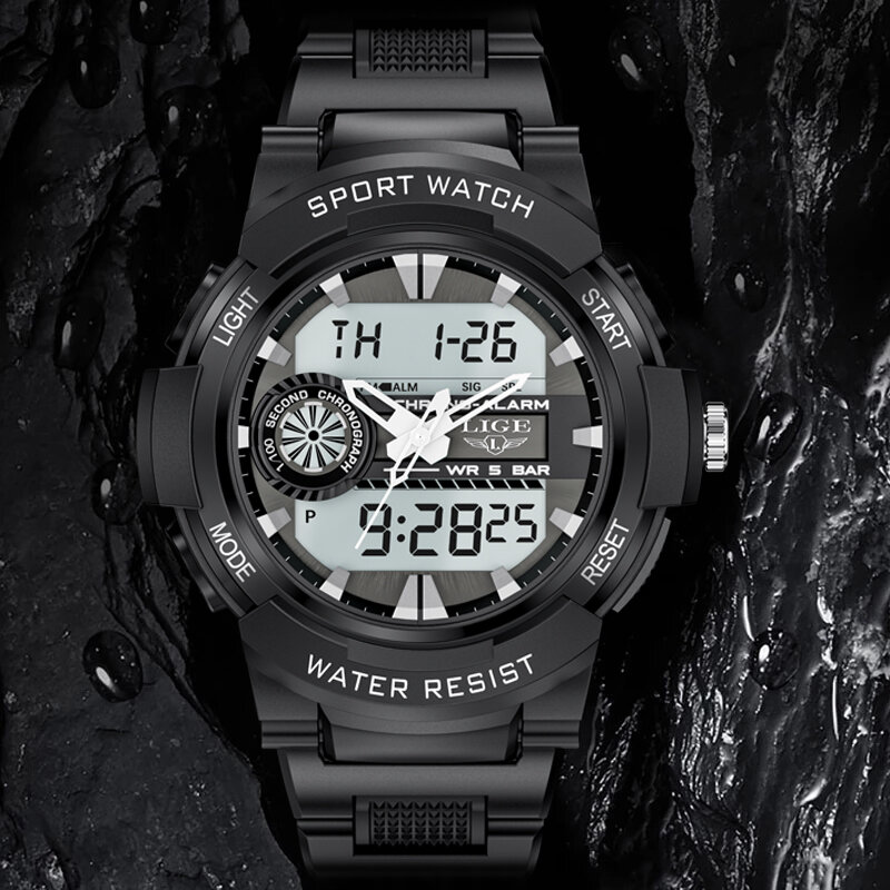 LIGE mężczyźni sport podwójny czas zegarki Stopwatches led cyfrowy LED elektroniczny zegarek kwarcowy wodoodporny pływanie zegarek wojskowy
