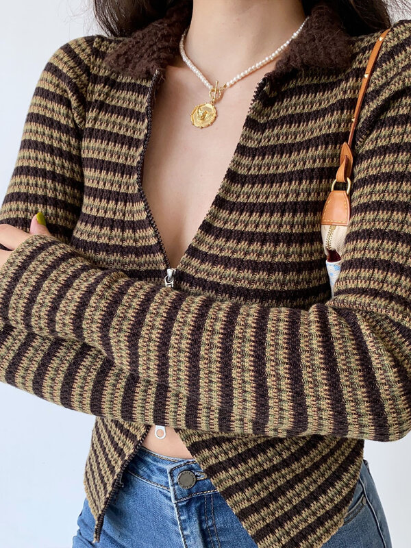 Cárdigan Vintage de rayas múltiples para mujer, suéter corto con doble cremallera y2k, Jersey de punto ajustado, Tops